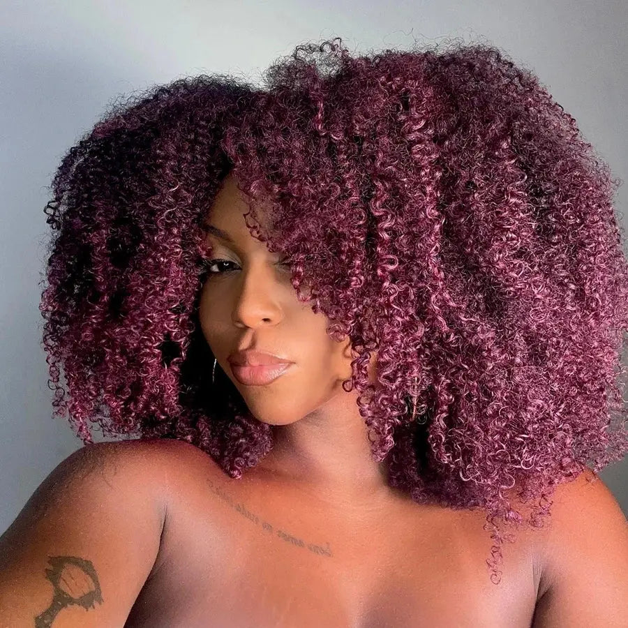 Short Bob | 99J | Curly | Bob | Red | Burgundy | Non Lace Front | Bangs | Human Hair Wigs