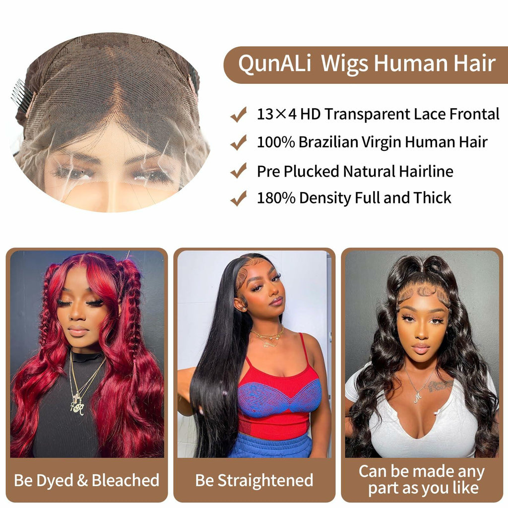 Qunali 13x4 HD Lace Front Human Hair Wig Body Wave 180% Density 22”